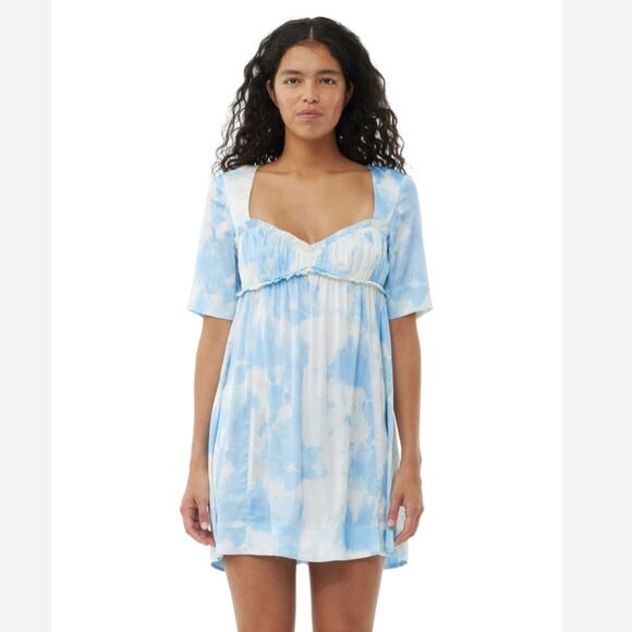 NWT GANNI Blue White Satin Powder Blue Mini Dress XS 32 - Picture 2 of 13
